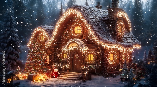 Enchanting winter cottage adorned with festive lights and decorations.