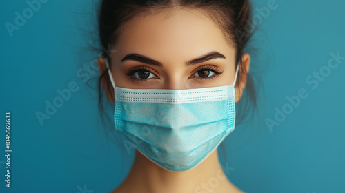 A young woman stands in front of a solid blue background, wearing a medical face mask. Her expression is calm, emphasizing personal health and safety practices.