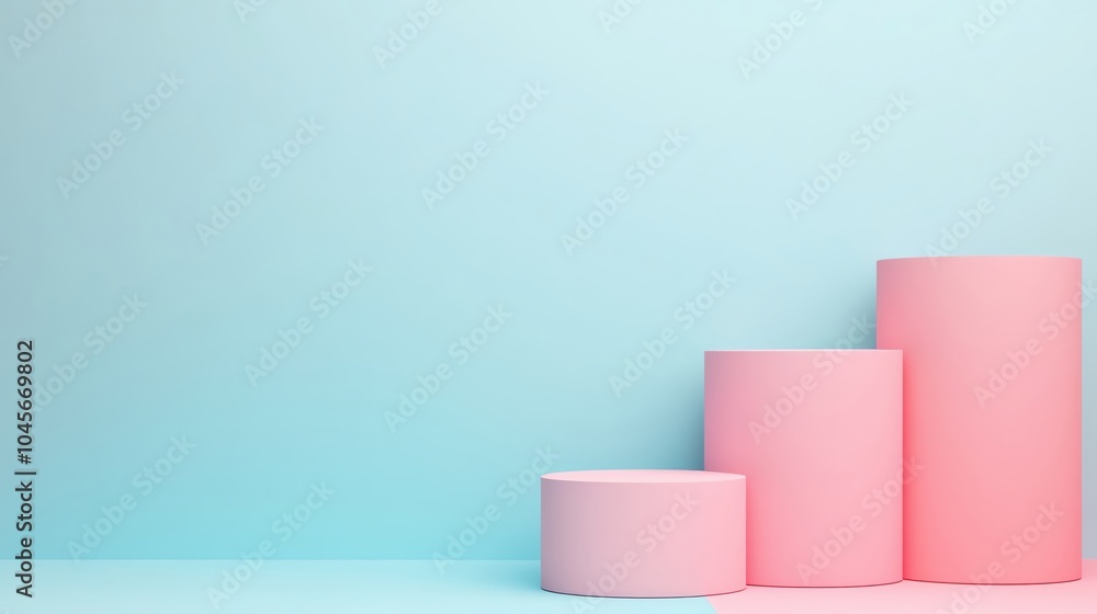 Modern, abstract composition featuring smooth cylindrical platforms in soft pink and blue tones, with a gentle gradient backdrop creating a serene and stylish atmosphere Modern, abstract composition featuring smooth cylindrical platforms in soft pink and blue tones, with a gentle gradient backdrop creating a serene and stylish atmosphere