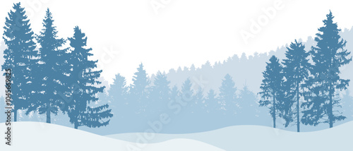 Coniferous forest. Beautiful winter landscape. Silhouettes of spruce trees. Vector illustration