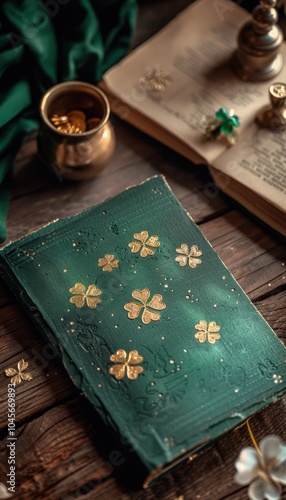 Elegant St. Patrick's Day Card Design with Shamrocks and Gold Accents on Rustic Wooden Table