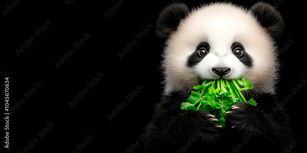 Obraz premium Striking close-up of a young panda munching on fresh green leaves, isolated against a black background