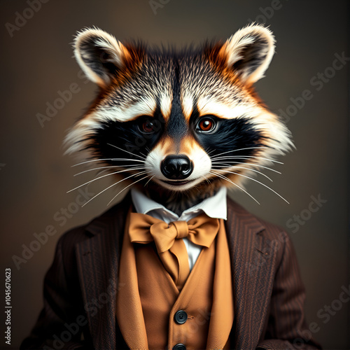 anthropomorphic raccoon in dapper vintage suit whimsical studio portrait soft lighting textured backdrop hint of mischief in expression photo