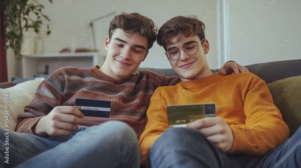 Young male gay couple online shopping with credit card on couch at home Young male gay couple online shopping with credit card on couch at home