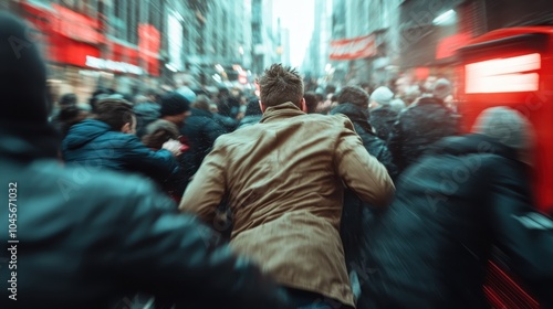 A busy urban scene captures the chaotic energy of a crowd moving swiftly through a city street, creating a dynamic and blurred motion effect in daylight. photo