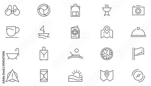 Travel and Tourism line icon set.  travel, types of tourism, tourist transport, locations, marker, journey, compass, globe, country, geography line icon set. UI thin line icon pack.