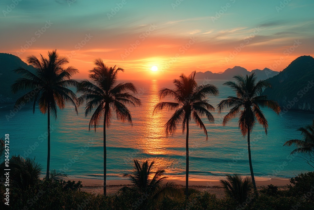 A serene sunset over a tropical beach, framed by palm trees and distant mountains. A serene sunset over a tropical beach, framed by palm trees and distant mountains.