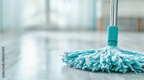 A clean mop lies on a highly polished floor, emphasizing domestic care and hygiene, with soft lighting highlighting the shine and serenity of the space. photo