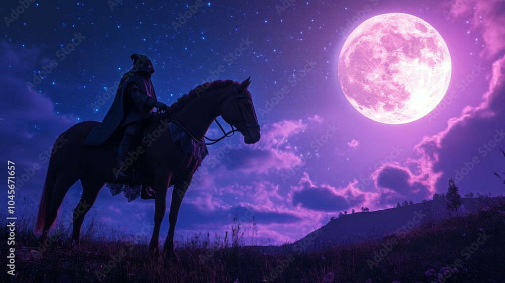 Majestic horse in wizard costume under glowing full moon. Majestic horse in wizard costume under glowing full moon.