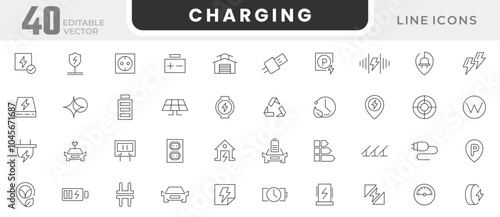 Charging line icon set. Electric car, EV charging, power, hybrid, eco-friendly, battery charging, electric bus, Plug-In, app, template line icon set. UI thin line icon pack.