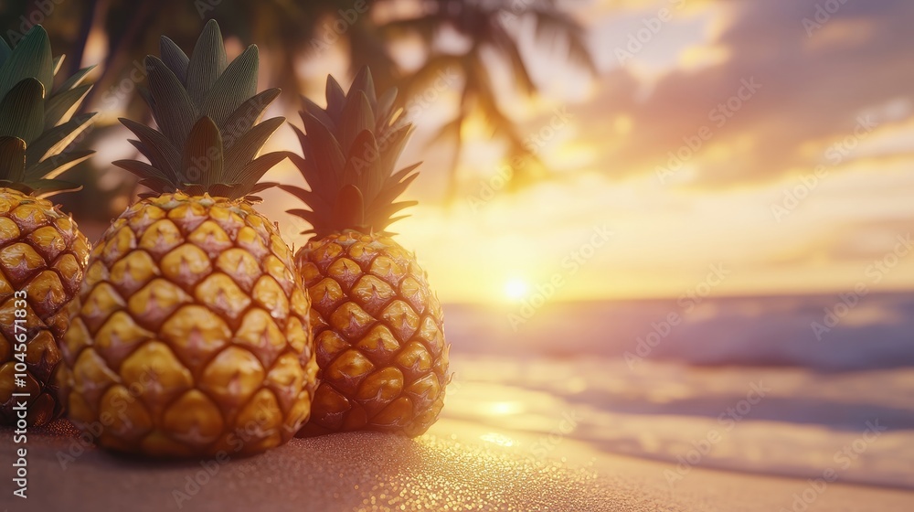 Golden glow on pineapples in a light box on tropical beach at sunset, Pineapples, Summer paradise vibes Golden glow on pineapples in a light box on tropical beach at sunset, Pineapples, Summer paradise vibes