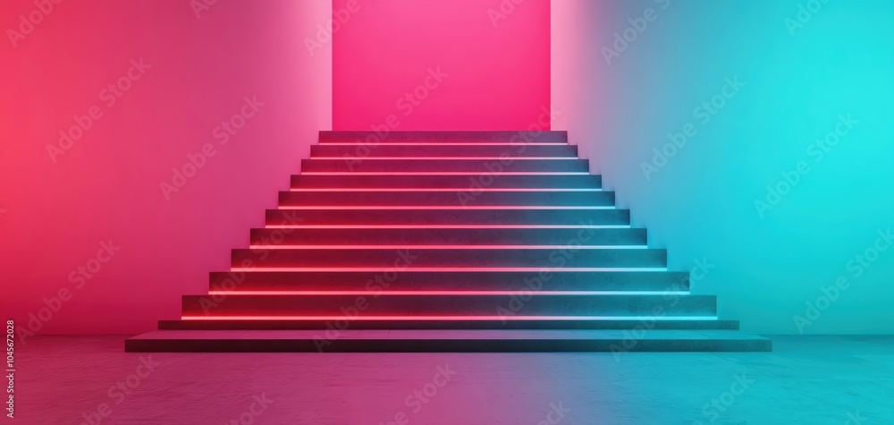 Geometric staircase with glowing red and blue lights, minimalistic design, futuristic ambiance, smooth textures, geometric staircase, neon glow Geometric staircase with glowing red and blue lights, minimalistic design, futuristic ambiance, smooth textures, geometric staircase, neon glow