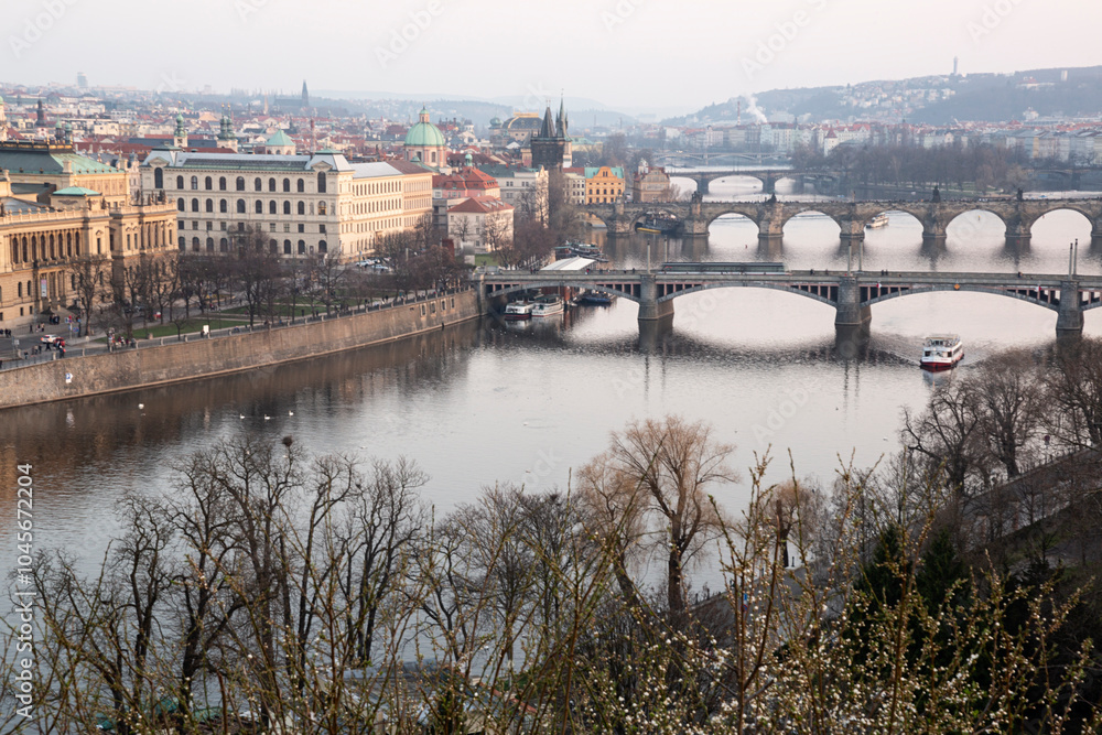 Obraz premium Vista aérea del río Moldava con sus con sus puentes, Praga.