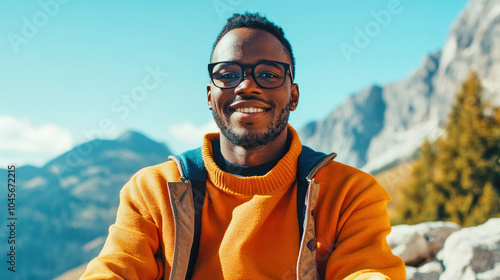 Smiling young black man in glasses enjoys the mountains in a wheelchair on a sunny day