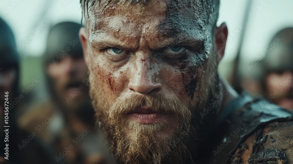 A bearded warrior with face paint and battle scars gazes fiercely, clad in medieval armor, standing among similarly attired fighters, ready for battle. A bearded warrior with face paint and battle scars gazes fiercely, clad in medieval armor, standing among similarly attired fighters, ready for battle.