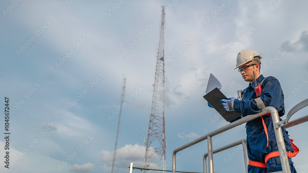 custom made wallpaper toronto digitalEngineer in Full Safety Gear Climbing a Ladder to Inspect Communication Signals and Industrial Machinery at a High-Risk Transportation Facility