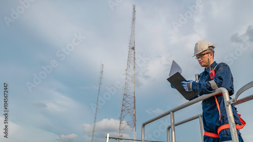 Engineer in Full Safety Gear Climbing a Ladder to Inspect Communication Signals and Industrial Machinery at a High-Risk Transportation Facility