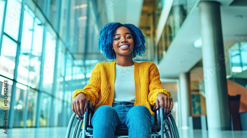 Smiling young Black woman with blue hair in a wheelchair enjoying a moment inside a modern office building