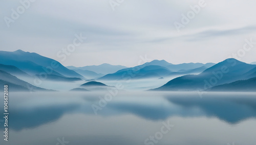 Quiet Solitude in Mountains, View from Peaceful Still Lake in Mist, Minimalistic Simple Background