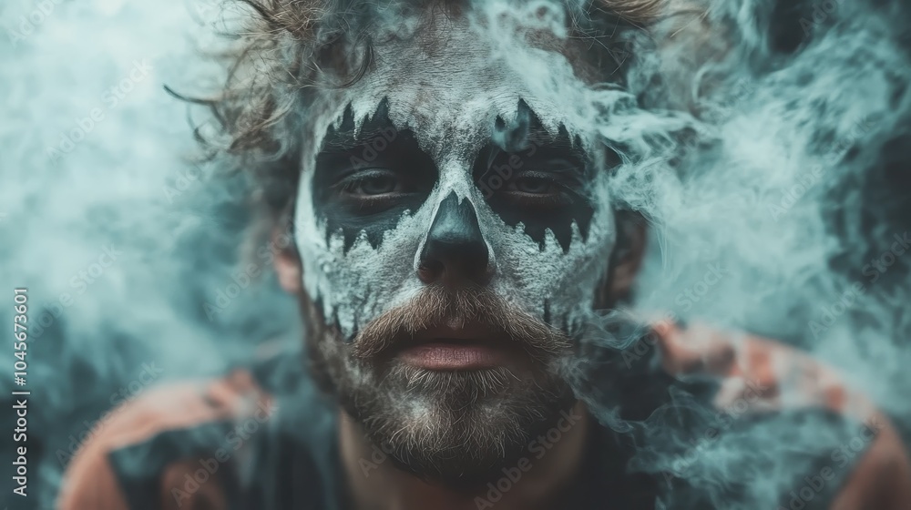 A haunting image features a person with eerie face paint, eyes expressive and piercing through swirling, dense smoke in a mysterious, dreamlike atmosphere. A haunting image features a person with eerie face paint, eyes expressive and piercing through swirling, dense smoke in a mysterious, dreamlike atmosphere.