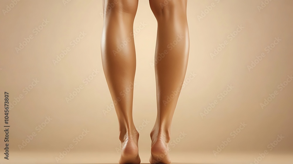 A close-up image of a pair of slender, tanned female legs standing against a light brown background. A close-up image of a pair of slender, tanned female legs standing against a light brown background.