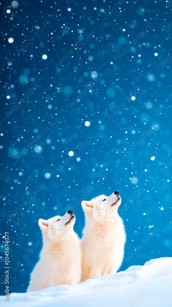 Two white wolves gaze majestically into the distance amid a serene snowfall, their lush fur contrasted against a vivid blue winter backdrop, perfect for wildlife themes and winter landscapes Two white wolves gaze majestically into the distance amid a serene snowfall, their lush fur contrasted against a vivid blue winter backdrop, perfect for wildlife themes and winter landscapes