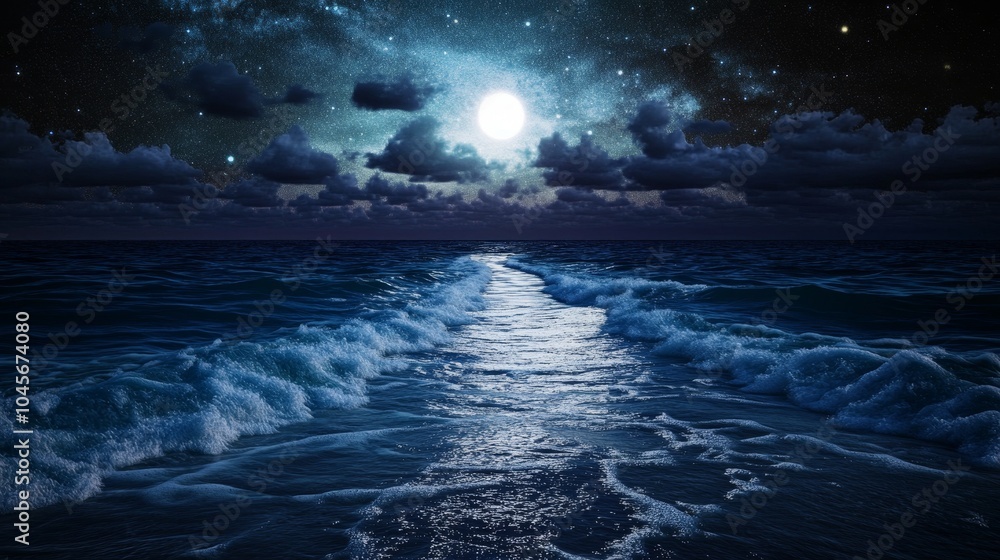 Fototapeta premium Mystical night seascape with light box illuminating rolling ocean waves under starry sky, soft glow reflecting off water.