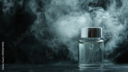 The photo features a glass perfume bottle enveloped in a misty haze, capturing the luxury and enticement of fine fragrances, exuding sophistication and artful allure.