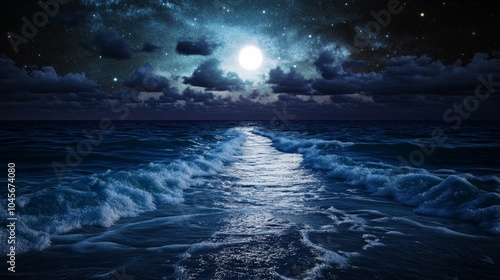 Mystical night seascape with light box illuminating rolling ocean waves under starry sky, soft glow reflecting off water.