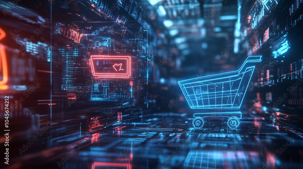 Artificial Intelligence in Retail concept, featuring a high-tech background and a prominent shopping cart symbol, symbolizing the integration of AI in shopping experiences. Artificial Intelligence in Retail concept, featuring a high-tech background and a prominent shopping cart symbol, symbolizing the integration of AI in shopping experiences.