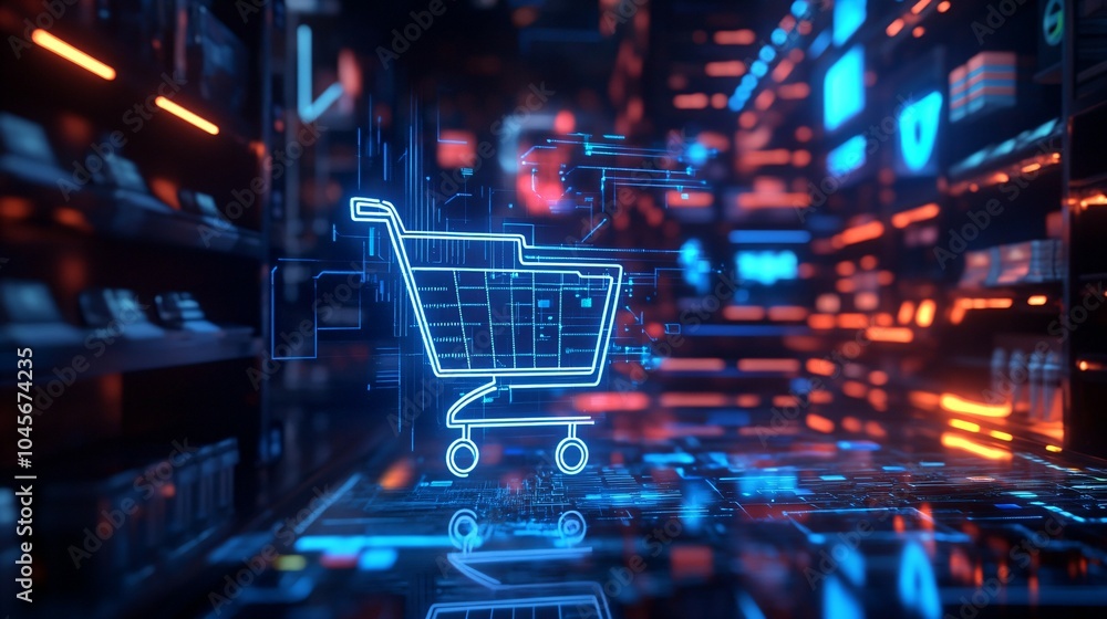 Artificial Intelligence in Retail concept, featuring a high-tech background and a prominent shopping cart symbol, symbolizing the integration of AI in shopping experiences. Artificial Intelligence in Retail concept, featuring a high-tech background and a prominent shopping cart symbol, symbolizing the integration of AI in shopping experiences.