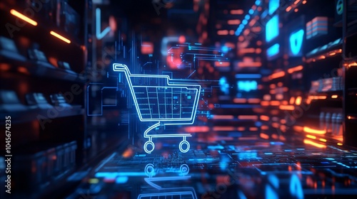 Artificial Intelligence in Retail concept, featuring a high-tech background and a prominent shopping cart symbol, symbolizing the integration of AI in shopping experiences.