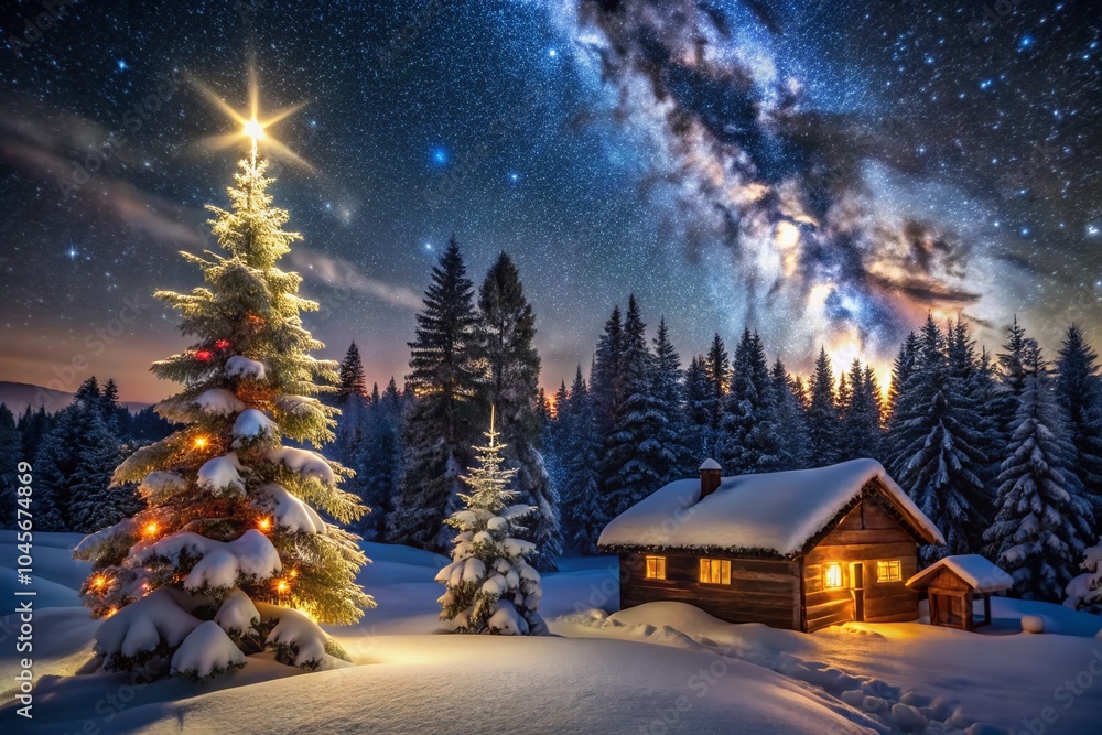 Enchanting Long Exposure Black Christmas Night Scene with Twinkling Lights and Snowy Landscape Enchanting Long Exposure Black Christmas Night Scene with Twinkling Lights and Snowy Landscape