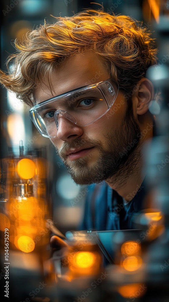 man in a modern factory wearing safety goggles focusing intently on a tablet in his hands surrounded by machinery symbolizing industry and technology man in a modern factory wearing safety goggles focusing intently on a tablet in his hands surrounded by machinery symbolizing industry and technology