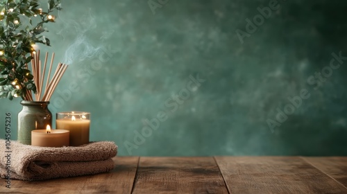 Peaceful spa setup with lit candles on towels and decorative reeds in a soothing environment, evoking relaxation and tranquility, set against a soothing green backdrop. photo