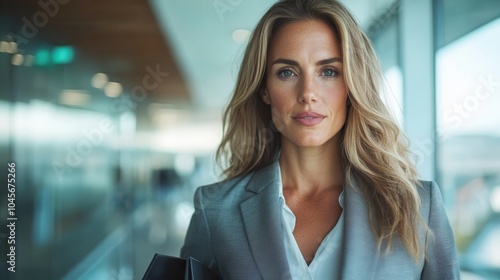 Confident woman with blonde hair, dressed in a sharp gray blazer, stands in a modern office environment, radiating professionalism and determination. photo