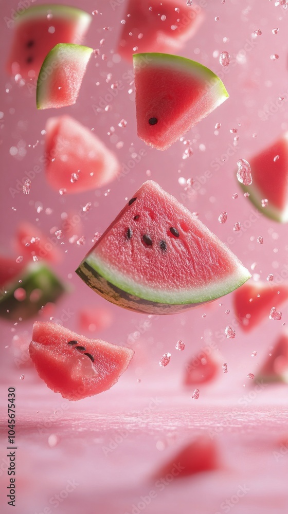 Slices of watermelon splashing in water against a pink background during daylight hours Slices of watermelon splashing in water against a pink background during daylight hours