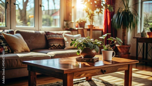 A cozy living room featuring a sunlit wooden coffee table with a potted plant in the foreground The soft-focus background includes a couch and large windows letting in natural light