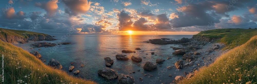 A stunning sunset over the ocean with rocky shoreline and dramatic clouds. A stunning sunset over the ocean with rocky shoreline and dramatic clouds.