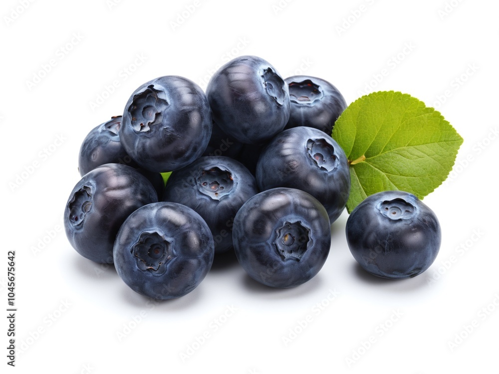 Fresh Blueberries with Vibrant Green Leaf on White Background Fresh Blueberries with Vibrant Green Leaf on White Background
