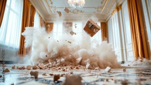 A sophisticated room is transformed by a sudden explosion of dust and debris, the chaos contrasting with its once pristine elegance and order.