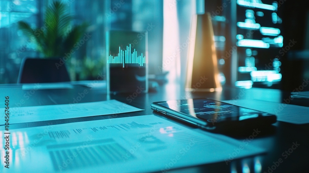 Modern Workspace with Data Visualizations and Technology Modern Workspace with Data Visualizations and Technology