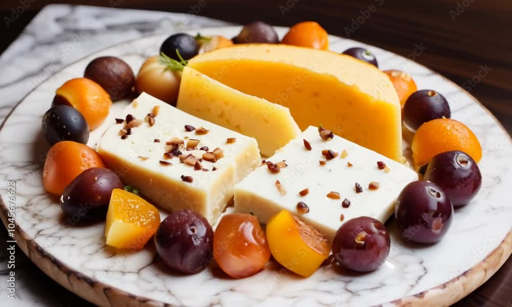 A plate of fruit and cheese with a wooden base. The plate is full of different types of fruit and cheese, including grapes, blueberries, and oranges. The cheese is cut into slices A plate of fruit and cheese with a wooden base. The plate is full of different types of fruit and cheese, including grapes, blueberries, and oranges. The cheese is cut into slices
