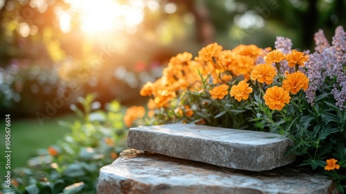 A cluster of bright orange flowers bask in sunlight within a tranquil garden environment, representing natural beauty and serene tranquility. photo