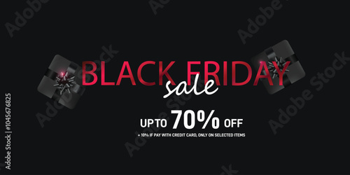 Black Friday Sale Poster featuring promotional elements such as black gift boxes, balloons, banner, poster, background, template, social media post design etc. 