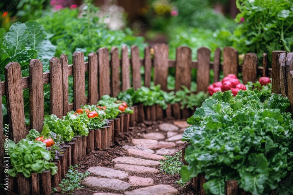 Vibrant garden with colorful flowers and lush vegetables in a rural landscape during daylight Vibrant garden with colorful flowers and lush vegetables in a rural landscape during daylight