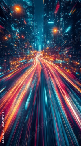 City skyline at night with colorful light trails on a busy highway under a starry sky