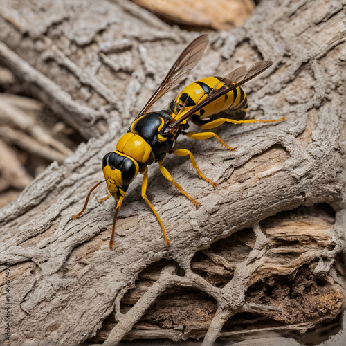 Closeup of an ichneumonid wasp of an unknown species boring into a dead tree trunk photo