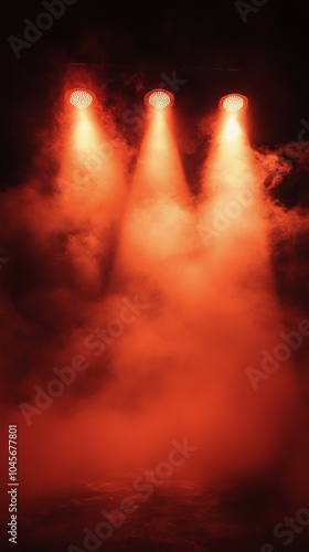 Bright red beams of light shining through smoke during an evening event