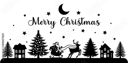 Christmas scene vector illustration, winter vinyl decal for window. Winter vector scene. 